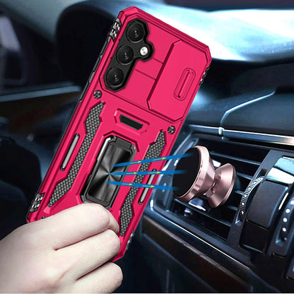 For Samsung Galaxy S25 FE, S25 Fan Edition Tough Hybrid Case with Movable Camera Window & Metal Ring Stand Shockproof Case Cover Dark Purple