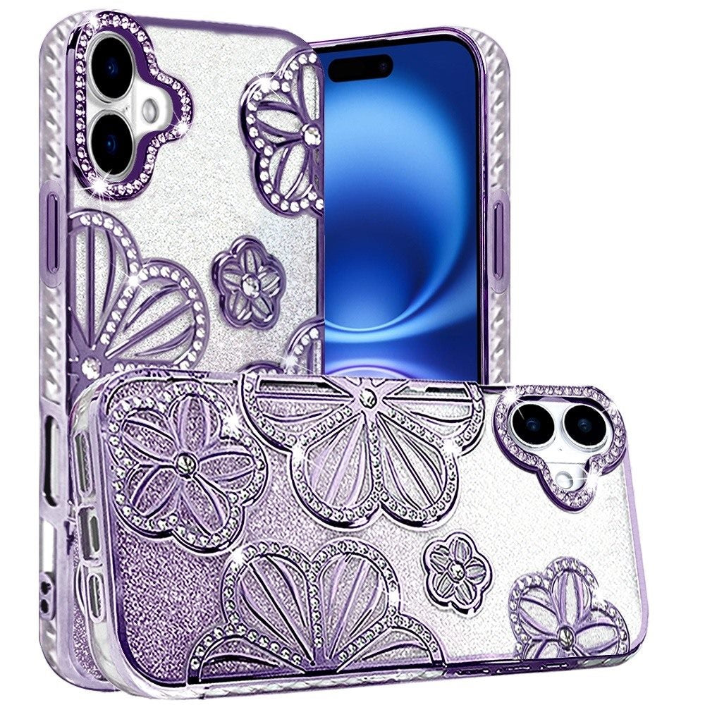 For Apple iPhone 17 (6.3") Luxury Flower Design Sparkle Glitter Diamond Rhinestone Shimmer Bling Plating Thick TPU Hard PC Case Cover