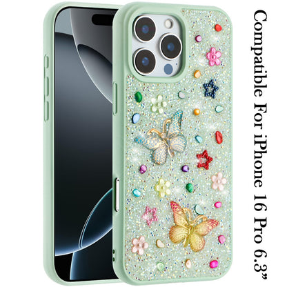 Phone Case for Apple iPhone 16 Pro 3D Butterfly Diamond Bling Glitter Shockproof Stylish Protective Luxury Hybrid Sparkly Durable Grip Design Cover