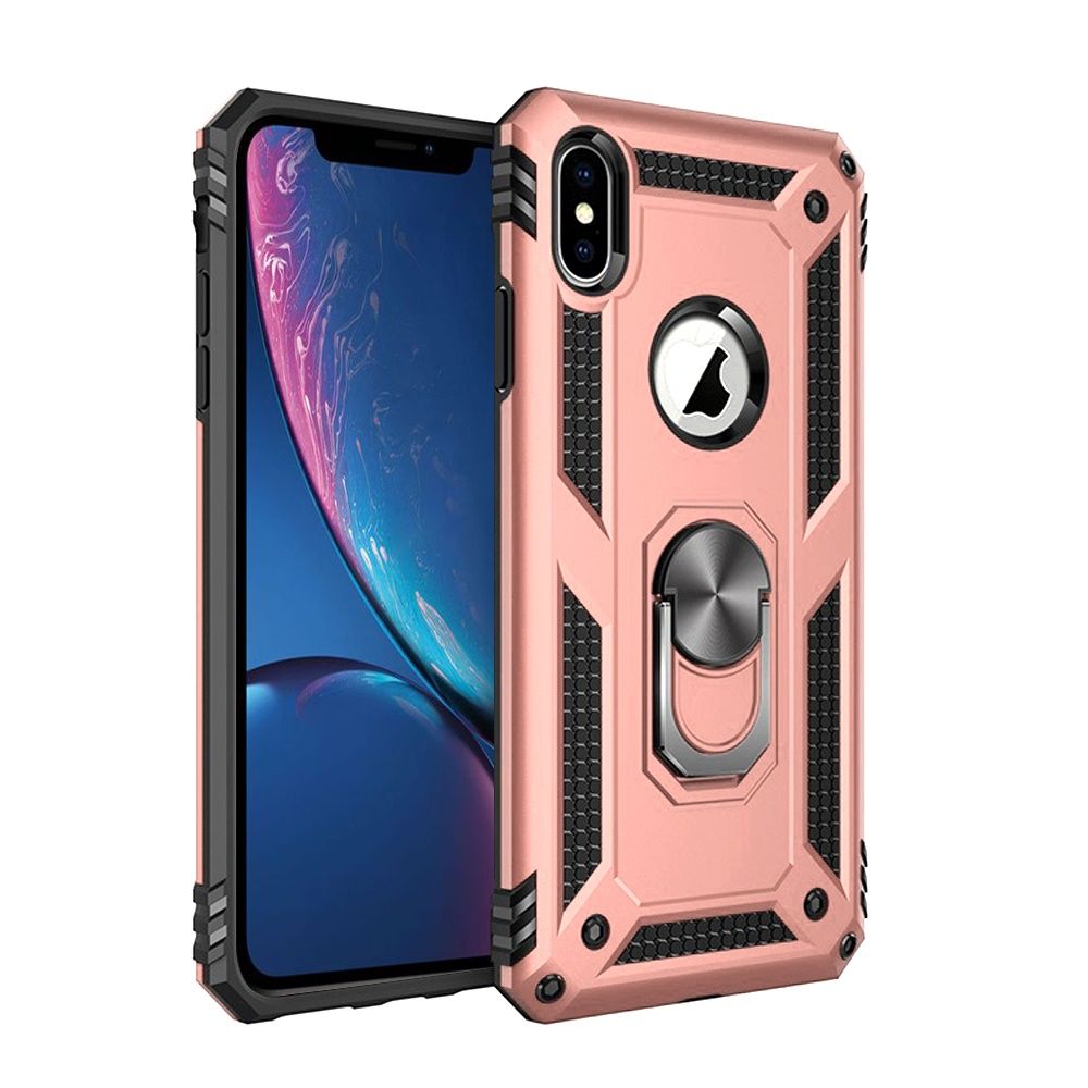 For iPhone XR Hybrid Shockproof Durable 360 Degree Rotatable Ring Stand Holder Kickstand Fit Magnetic Car Mount Case Cover Rose Gold