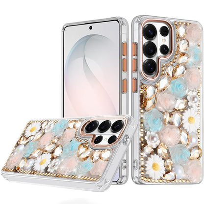 For Samsung Galaxy S26 Ultra Fashion Daisy Floral Series, Full 3D Bling Crystal Diamonds Sparkling Rhinestone Glitter Hybrid Design Case Cover
