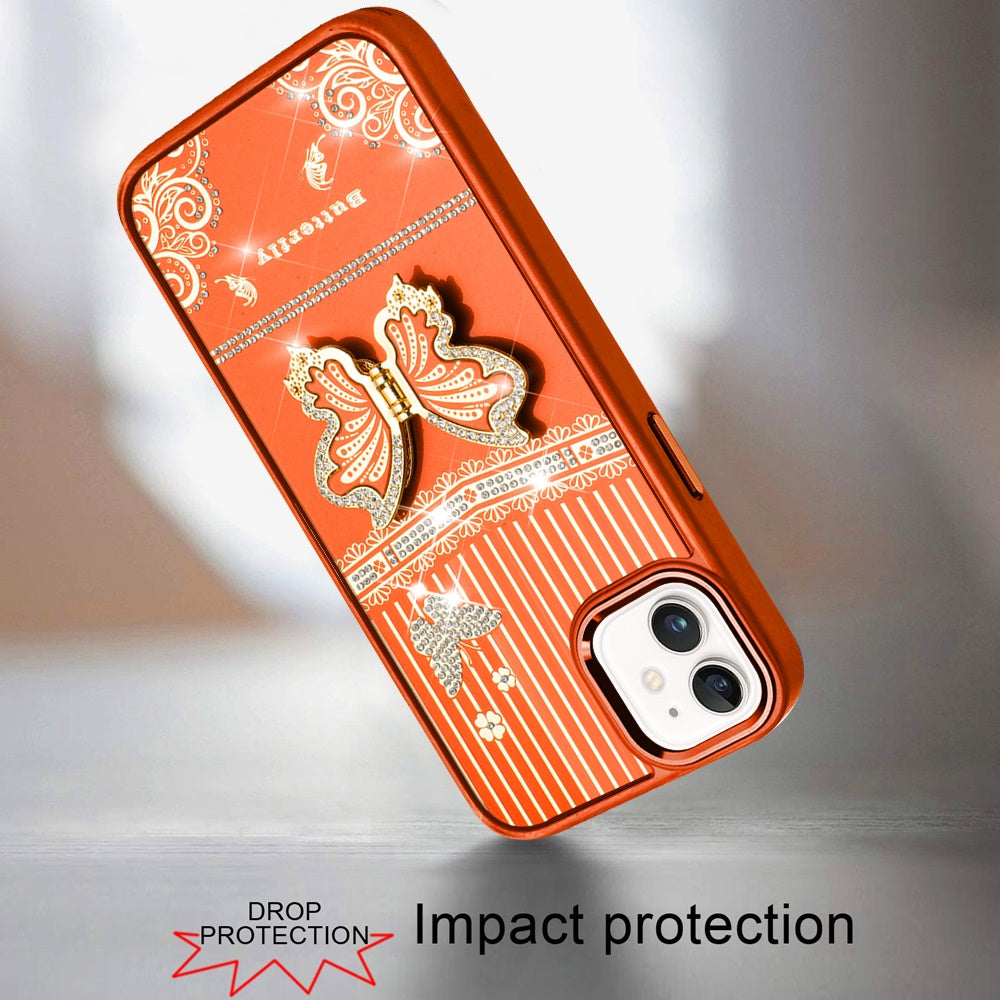 For Apple iPhone 11 Glitter 3D Butterfly Design Bling Metallic Edge Hybrid Stand Drop Protection TPU Shockproof Case Cover Cosmic Orange