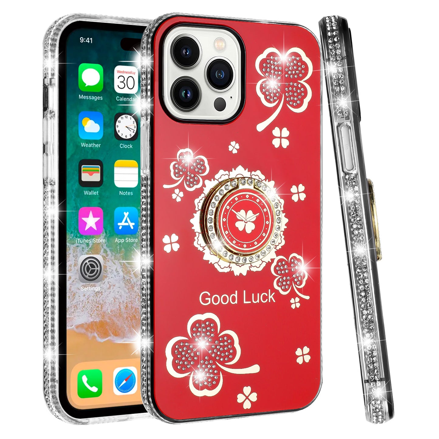 For Samsung Galaxy S25 Ultra Diamonds Bling All Around Edges Sparkly Glitter Hybrid with Ring Stand Holder Fashion Good Luck Case Cover
