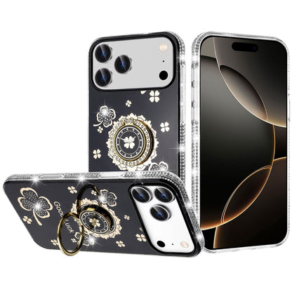 For Apple iPhone 17 Pro (6.3") Diamonds Bling All Around Edges Sparkly Glitter Hybrid with Ring Stand Holder Fashion Good Luck Case Cover
