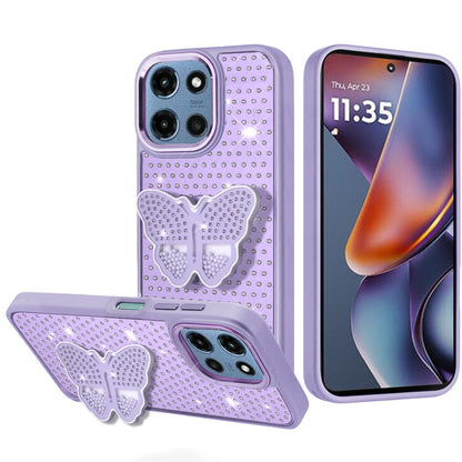 Phone Case for Motorola Moto G Play 5G 2026 Butterfly Grip Pop Stand Diamond Sparkle Hybrid Shockproof Metal Button Slim Protective Grip Decorative Design Cover Purple
