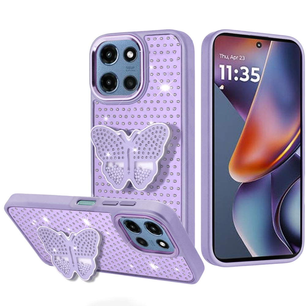 Phone Case for Motorola Moto G 5G 2026/ Moto G 5G 2025 Butterfly Grip Pop Stand Diamond Sparkle Hybrid Shockproof Metal Button Slim Protective Grip Decorative Design Cover Purple