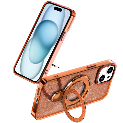 For iPhone 15 Plus (6.7") Transparent Glitter Bling Case with Rotating Magnetic Ring Stand, Shockproof Hybrid Case Cover Cosmic Orange