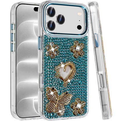 Phone Case for Apple iPhone 18 Pro Max/ iPhone 17 Pro Max Luxury Crystal Butterfly Floral Jeweled Heart Full Diamond Design, Sparkling Decorative Details, Elegant Style Cover