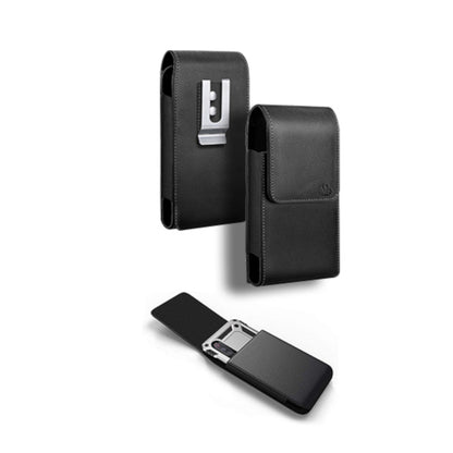 For Apple iPhone 16 Pro (6.3") Universal PU Leather Vertical Phone Pouch Holder Carrying Case [Magnetic Closure] With Fixed Belt Clip Holster Hybrid [Black]