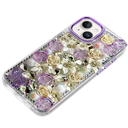 Phone Case for Apple iPhone 14 Luxury Rose Bling Rhinestone Glitter Floral Hybrid Shockproof Stylish Protective Designer Ornament Sparkle Cover Purple