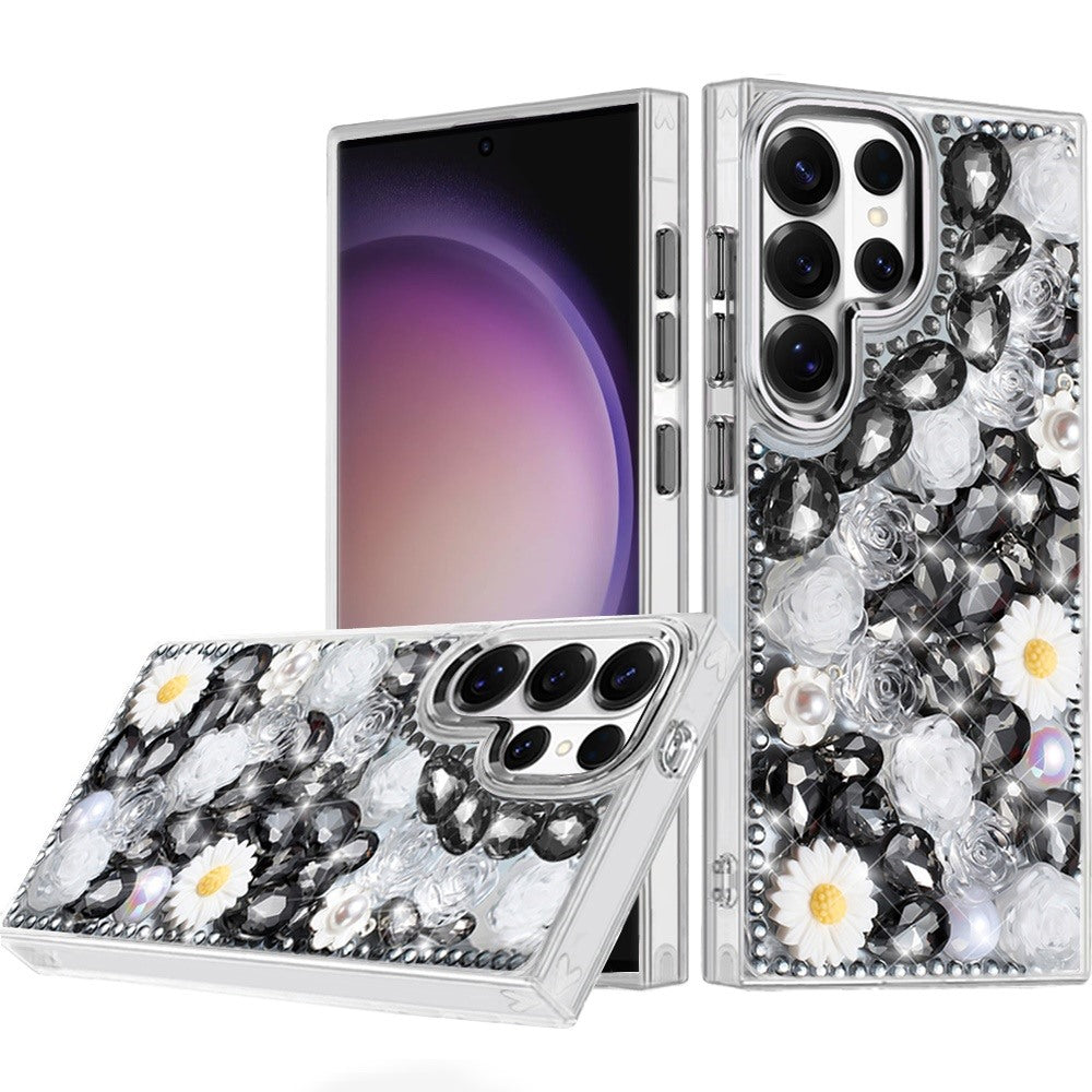 Phone Case for Samsung Galaxy S23 Ultra Full Bling Rhinestone Glitter Floral Luxury Hybrid Shockproof Stylish Sparkling Protective Designer Ornament Cover