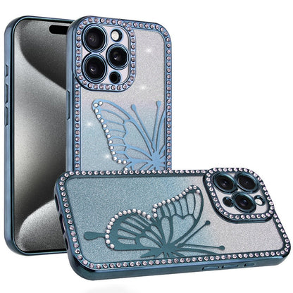 For Apple iPhone 17E /16E Butterfly Glitter Diamond Shimmer Hybrid Slim & Stylish Electroplated Sparkly Bling Shockproof TPU Protective Case Cover