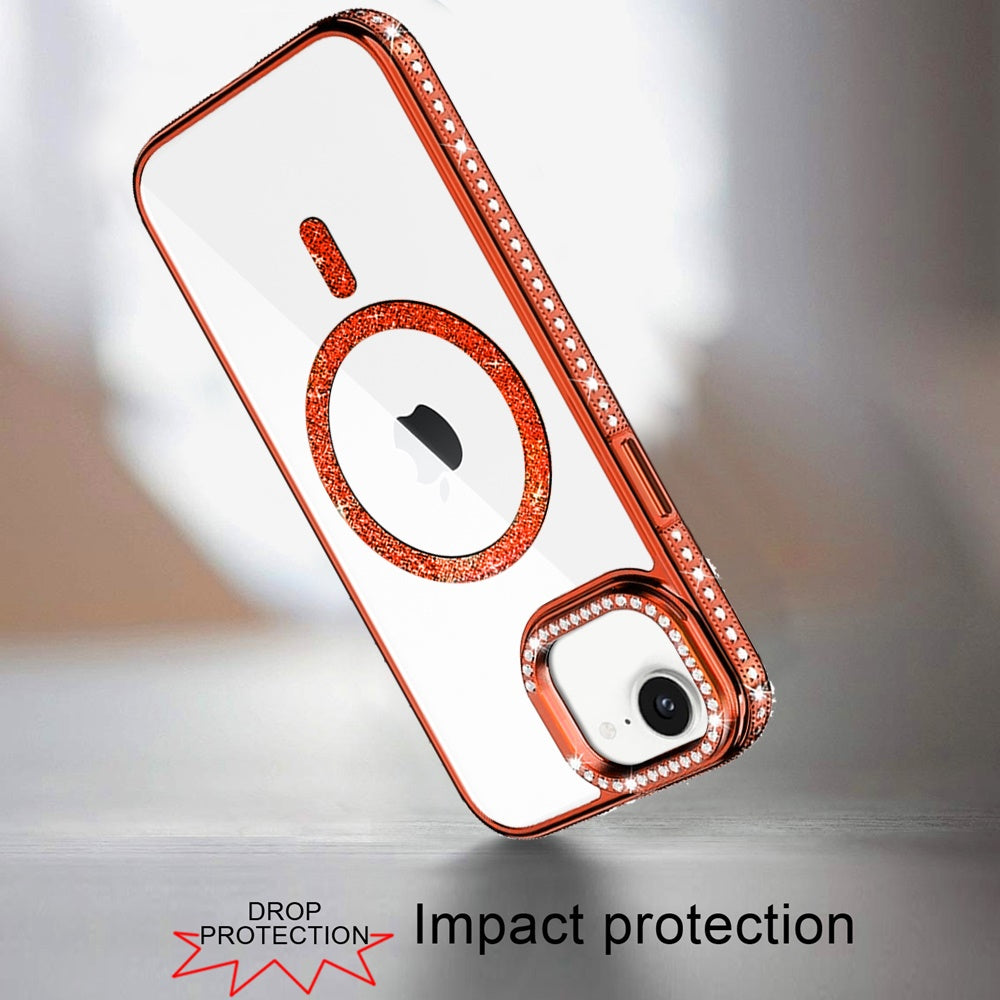 Phone Case for Apple iPhone 17E /16E Luxury Diamond Bling Edged Magnetic Glitter Shockproof Hybrid with Camera Kickstand Durable Grip Cover Orange