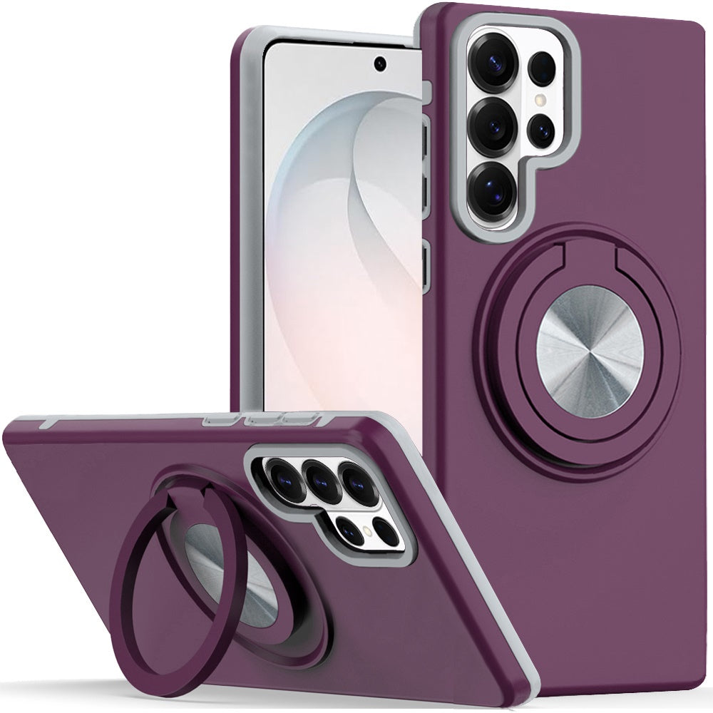 Phone Case for Samsung Galaxy S26 Ultra Shockproof Magnetic Ring Stand Rotating CarMount Hybrid Metal Matte Finish AntiSlip Grip Kickstand Cover Purple