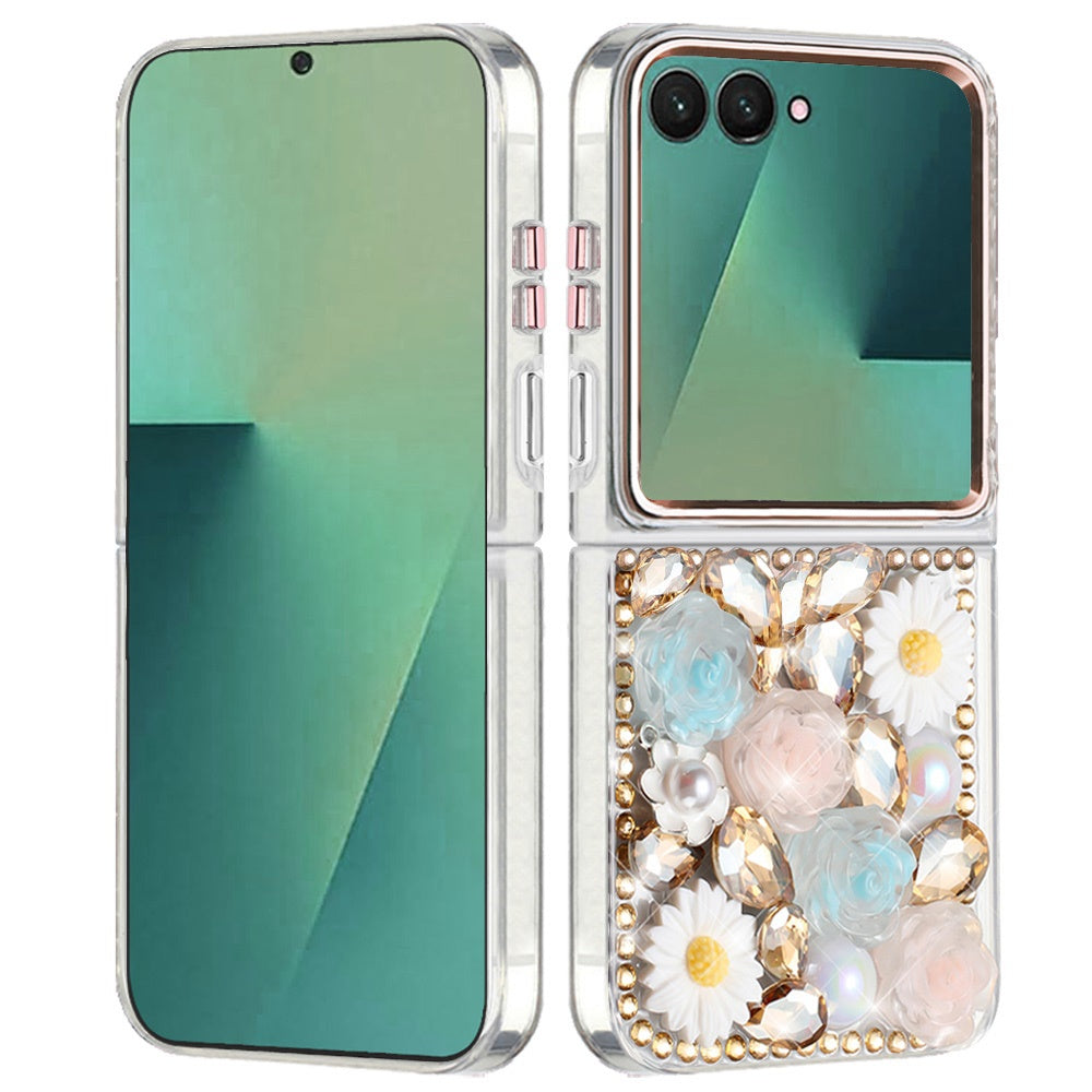 For Samsung Galaxy Z Flip 7 Fashion Daisy Floral Series, Full 3D Bling Crystal Diamonds Sparkling Rhinestone Glitter Hybrid Design Case Cover