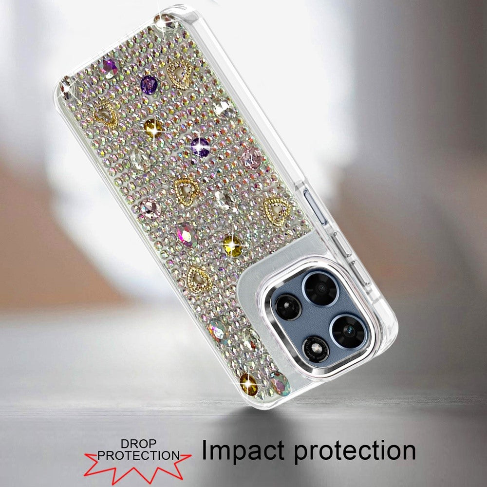 Phone Case for Motorola Moto G Play 5G 2026 Chrome Fashion Hybrid Bling Diamond Heart Rhinestone Decorative Stones Sparkling Embellished Design Cover Silver