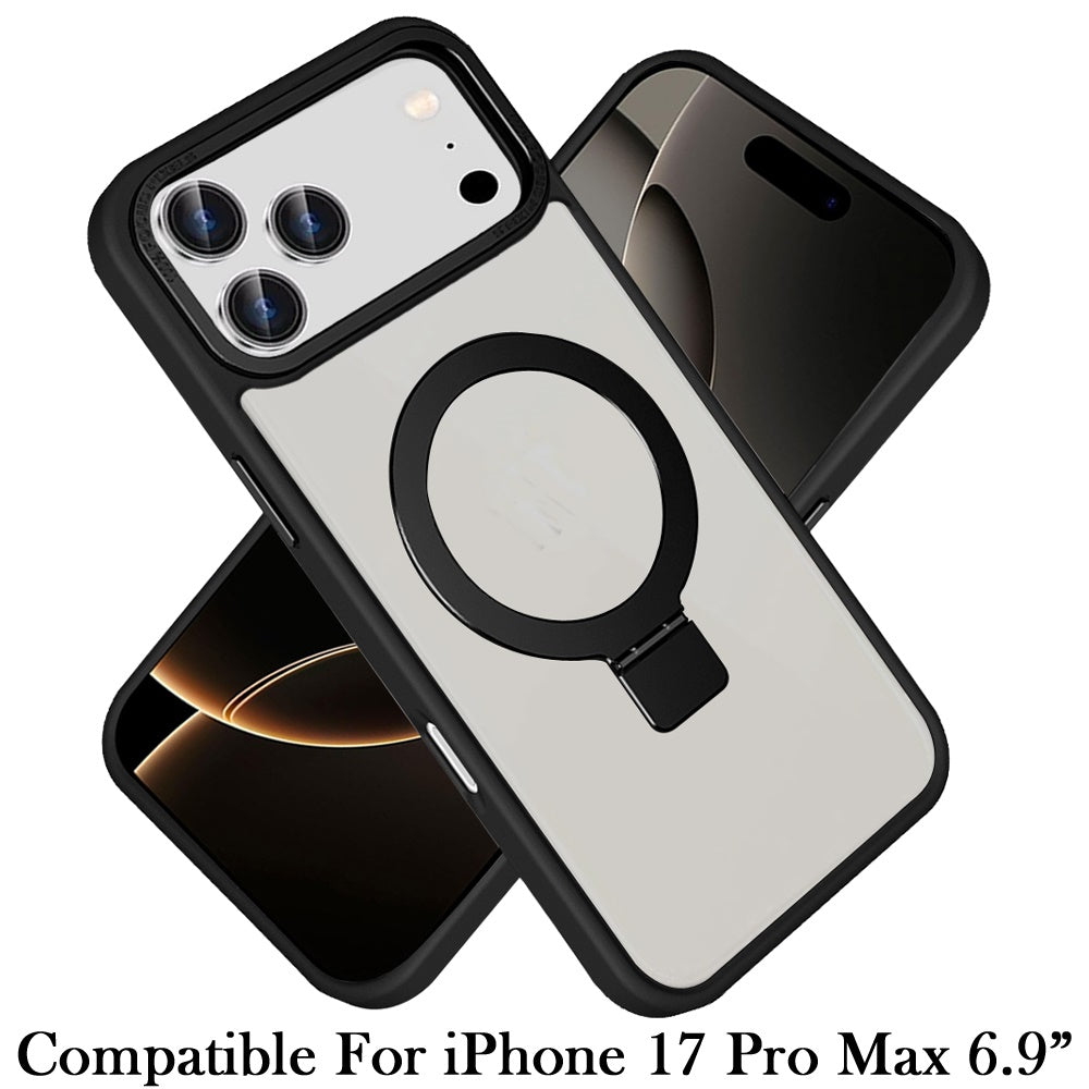 Phone Case for Apple iPhone 17 Pro Max (6.9") Metal Chrome Magnetic Circle Kickstand Shockproof Matching Camera Protector Durable Grip Hybrid Armor Cover Black