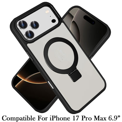 Phone Case for Apple iPhone 17 Pro Max (6.9") Metal Chrome Magnetic Circle Kickstand Shockproof Matching Camera Protector Durable Grip Hybrid Armor Cover Black