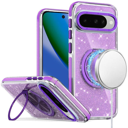 For Google Pixel 10 / 10 Pro Slim Bling Glitter Sparkly Shimmer Hybrid with Magnetic Ring and 360° Rotational Stand [Compatible with Magsafe] Case Cover