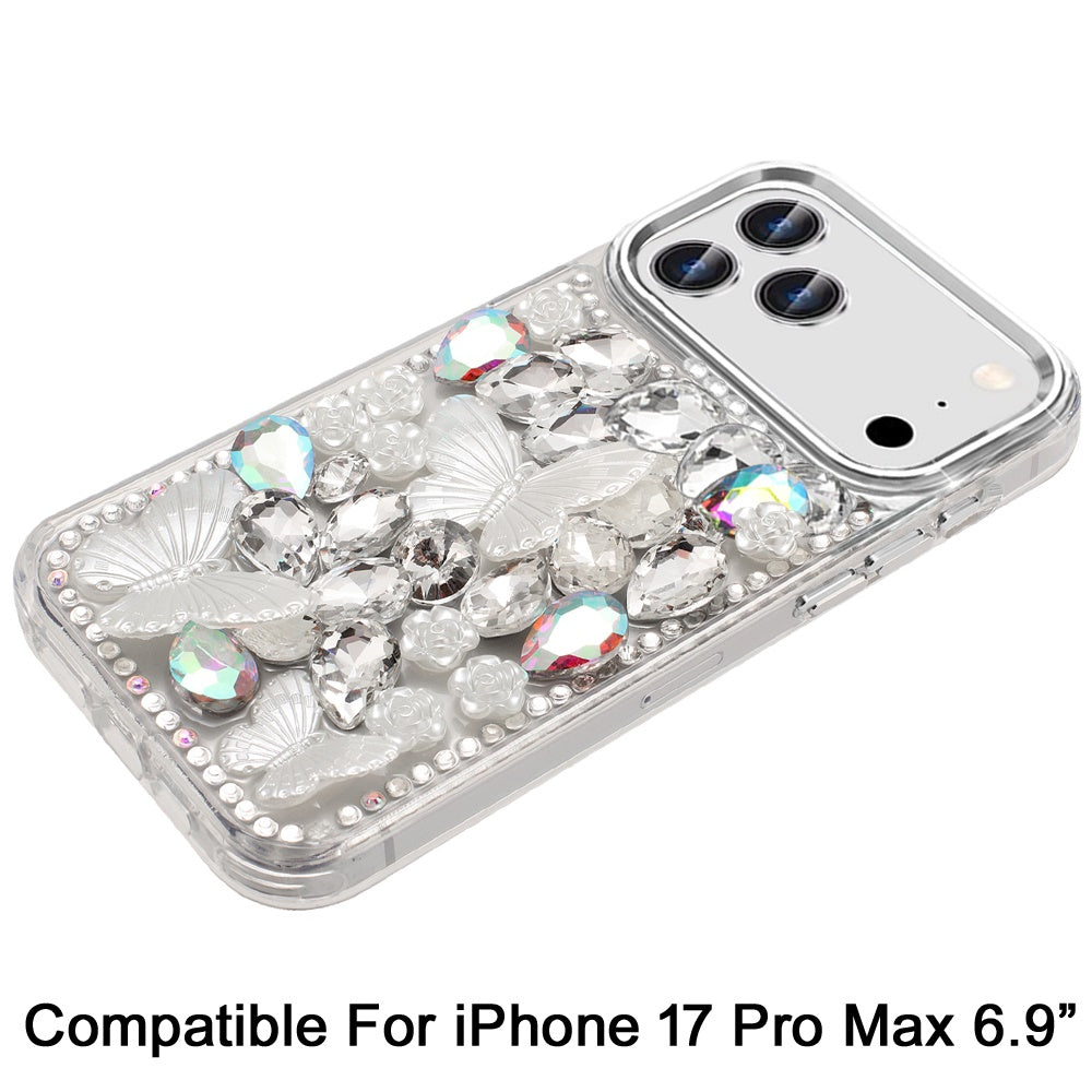 Phone Case for Apple iPhone 17 Pro Max Luxury 3D Floral Butterfly Bling Rhinestone Glitter Shockproof Stylish Protective Hybrid Designer Metallic Cover Silver