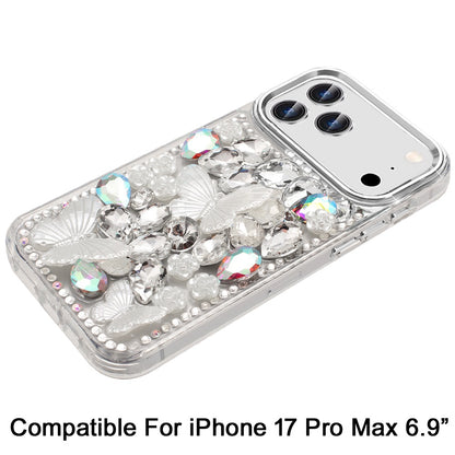 Phone Case for Apple iPhone 17 Pro Max Luxury 3D Floral Butterfly Bling Rhinestone Glitter Shockproof Stylish Protective Hybrid Designer Metallic Cover Silver