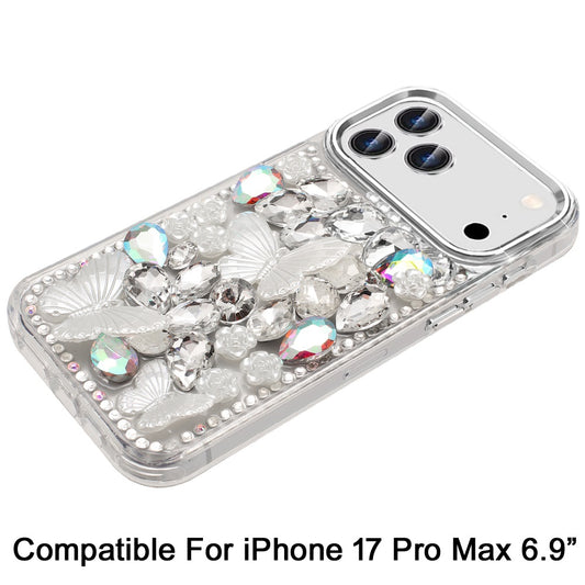 Phone Case for Apple iPhone 17 Pro Max Luxury 3D Floral Butterfly Bling Rhinestone Glitter Shockproof Stylish Protective Hybrid Designer Metallic Cover Silver