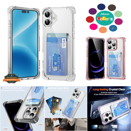 For Apple iPhone 16 Pro (6.3") Wallet Clear Case with Credit Card Holder Rubber Silicone TPU Protection Corner Bumper Shockproof Case Cover