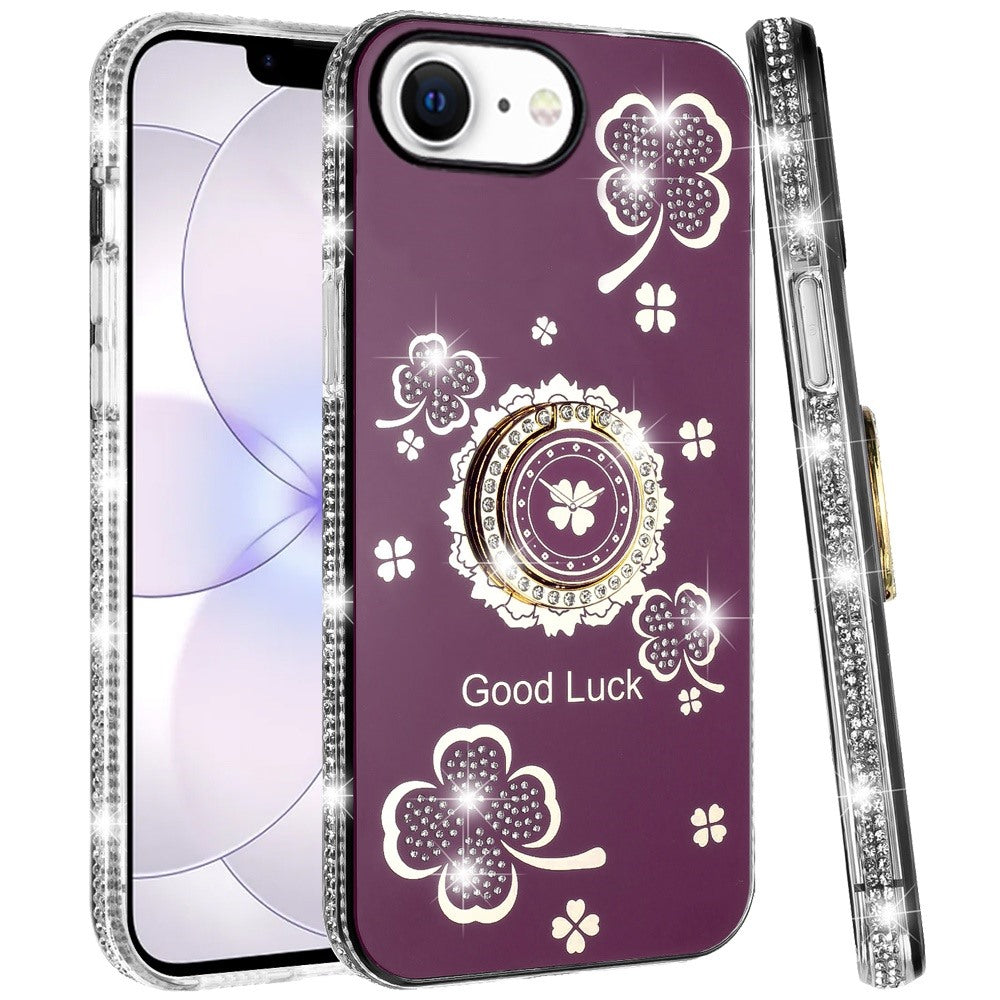 Phone Case for Apple iPhone 17E /16E Glitter Diamond Ring Stand Sparkle Rhinestone Edge AntiSlip Kickstand Luxury Fashion Bumper Shockproof Cover Red