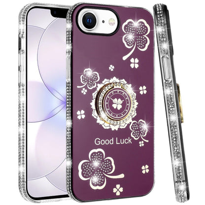 Phone Case for Apple iPhone 17E /16E Glitter Diamond Ring Stand Sparkle Rhinestone Edge AntiSlip Kickstand Luxury Fashion Bumper Shockproof Cover Red