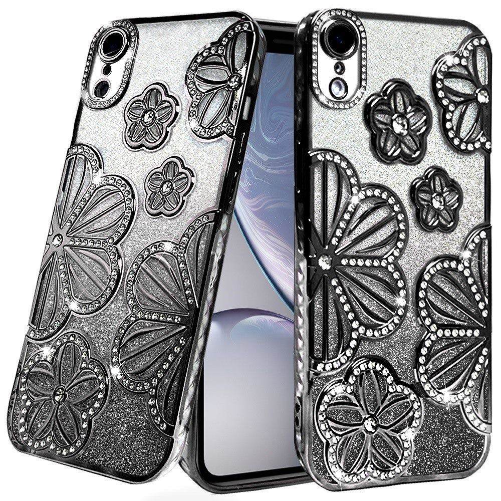 For iPhone XR Luxury Flower Design Sparkle Glitter Diamond Rhinestone Shimmer Bling Plating Thick TPU Hard PC Case Cover