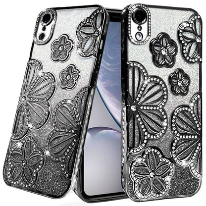 For iPhone XR Luxury Flower Design Sparkle Glitter Diamond Rhinestone Shimmer Bling Plating Thick TPU Hard PC Case Cover