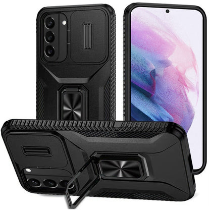 For Samsung Galaxy S21 Case, Camera Cover with Magnetic Rotation Ring Stand, Military Grade Hybrid Hard TPU Shockproof Case Cover Black