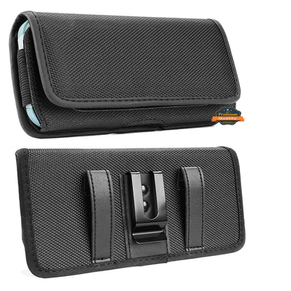 For Apple iPhone 16 (6.1") Pouch Case Universal Horizontal Canvas with Belt Clip Loop Holster Military Grade Cell Phone Holder Cover [Black]