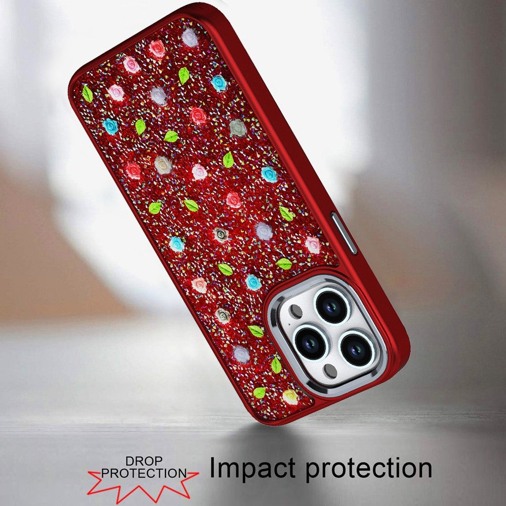 For iPhone 16 Pro Max Floral Design Embedded Glass Diamond Fancy Fashion Glitter Bling Sparkly Hybrid Rugged TPU Bumper Case Cover
