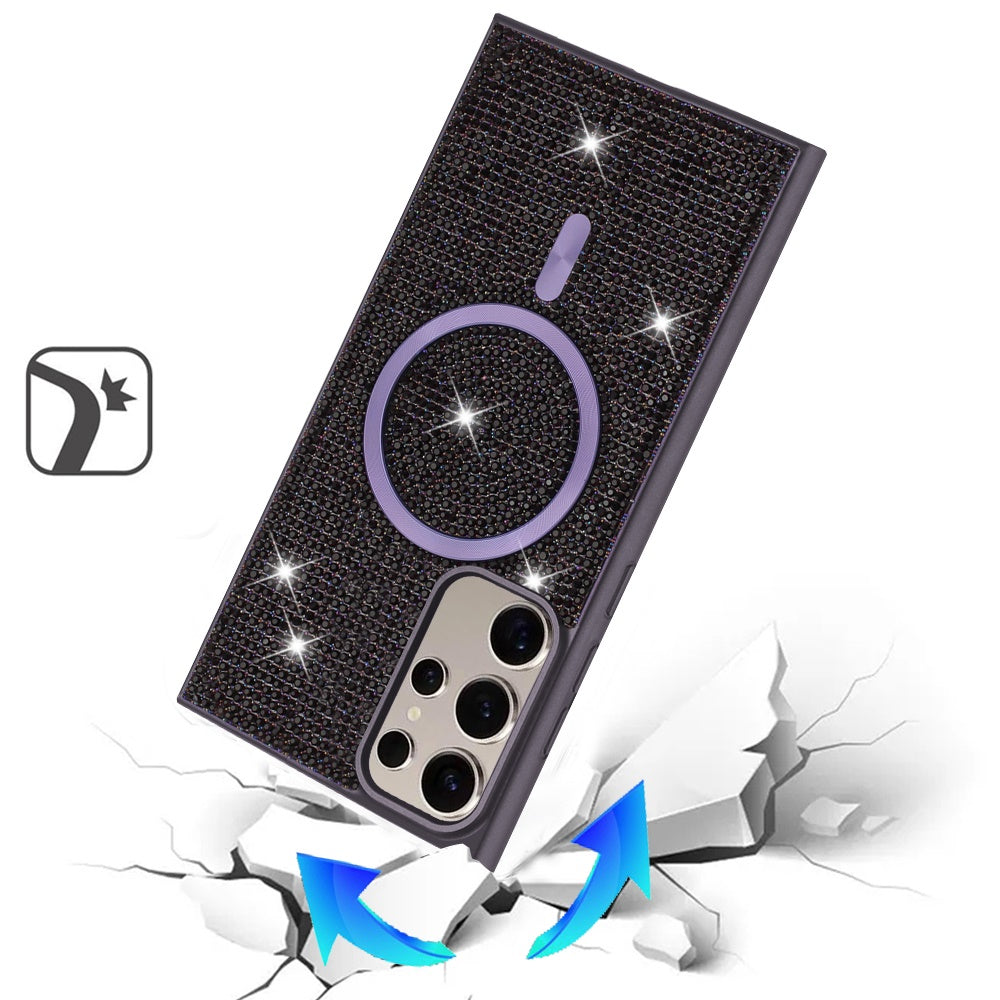 Phone Case for Samsung Galaxy S25 Ultra Magnetic Bling Diamond Sparkle Hybrid Shockproof Rugged Grip Durable Protection Anti-Slip Armor Design Cover Purple