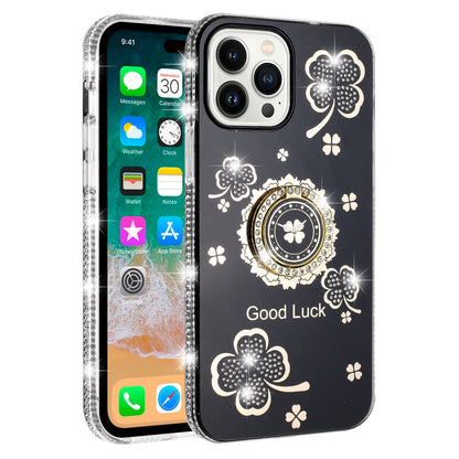 For iPhone 14/13 (6.1") Diamonds Bling All Around Edges Sparkly Glitter Hybrid with Ring Stand Holder Fashion Good Luck Case Cover Cosmic Orange