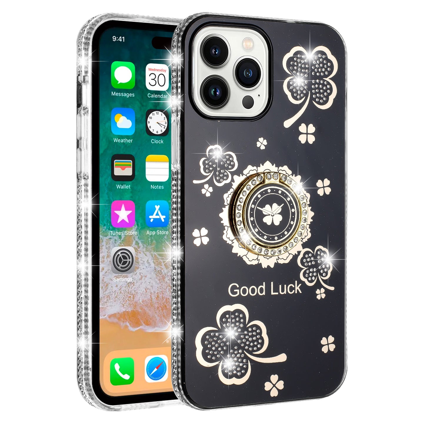 For Samsung Galaxy S26 Ultra Diamonds Bling All Around Edges Sparkly Glitter Hybrid with Ring Stand Holder Fashion Good Luck Case Cover