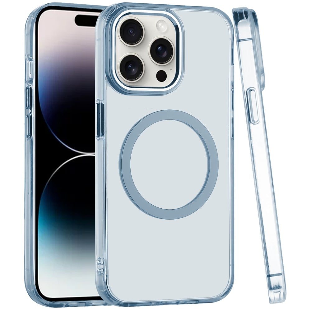 For iPhone 14 Pro Max (6.7") Transparent Back Hybrid Case - Magnetic Circle, Color Frame, Metal Buttons, MagSafe Compatible Case Cover