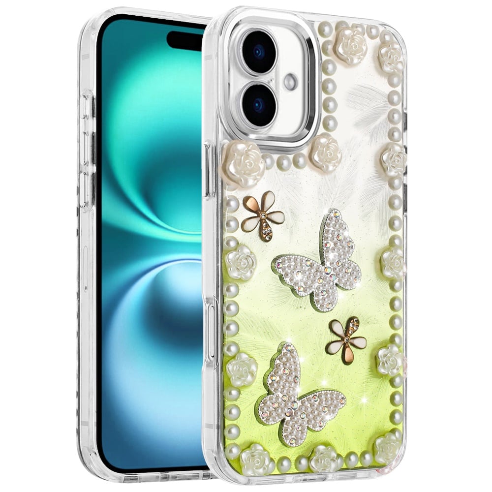 For Apple iPhone 17 (6.3") Bling Fashion Design with 3D Pearls Epoxy Glitter Ornaments Chrome Edge Hard Slim PC Case Cover
