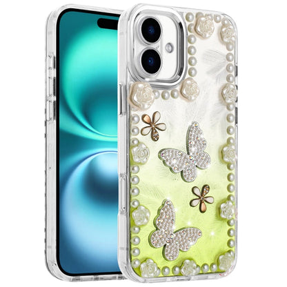 For Apple iPhone 17 (6.3") Bling Fashion Design with 3D Pearls Epoxy Glitter Ornaments Chrome Edge Hard Slim PC Case Cover