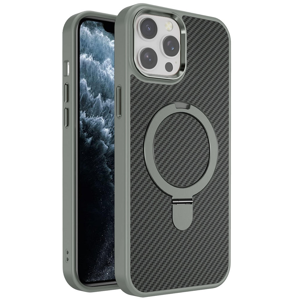 Phone Case for Apple iPhone 11 Pro Max Carbon Fiber Magnetic Ring Stand Hybrid Shockproof AntiSlip Grip Kickstand Military Drop Protection Matte Finish Cover Gray