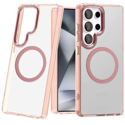For Samsung Galaxy S23 Ultra Transparent Back Hybrid Case - Magnetic Circle, Color Frame, Metal Buttons, MagSafe Compatible Case Cover