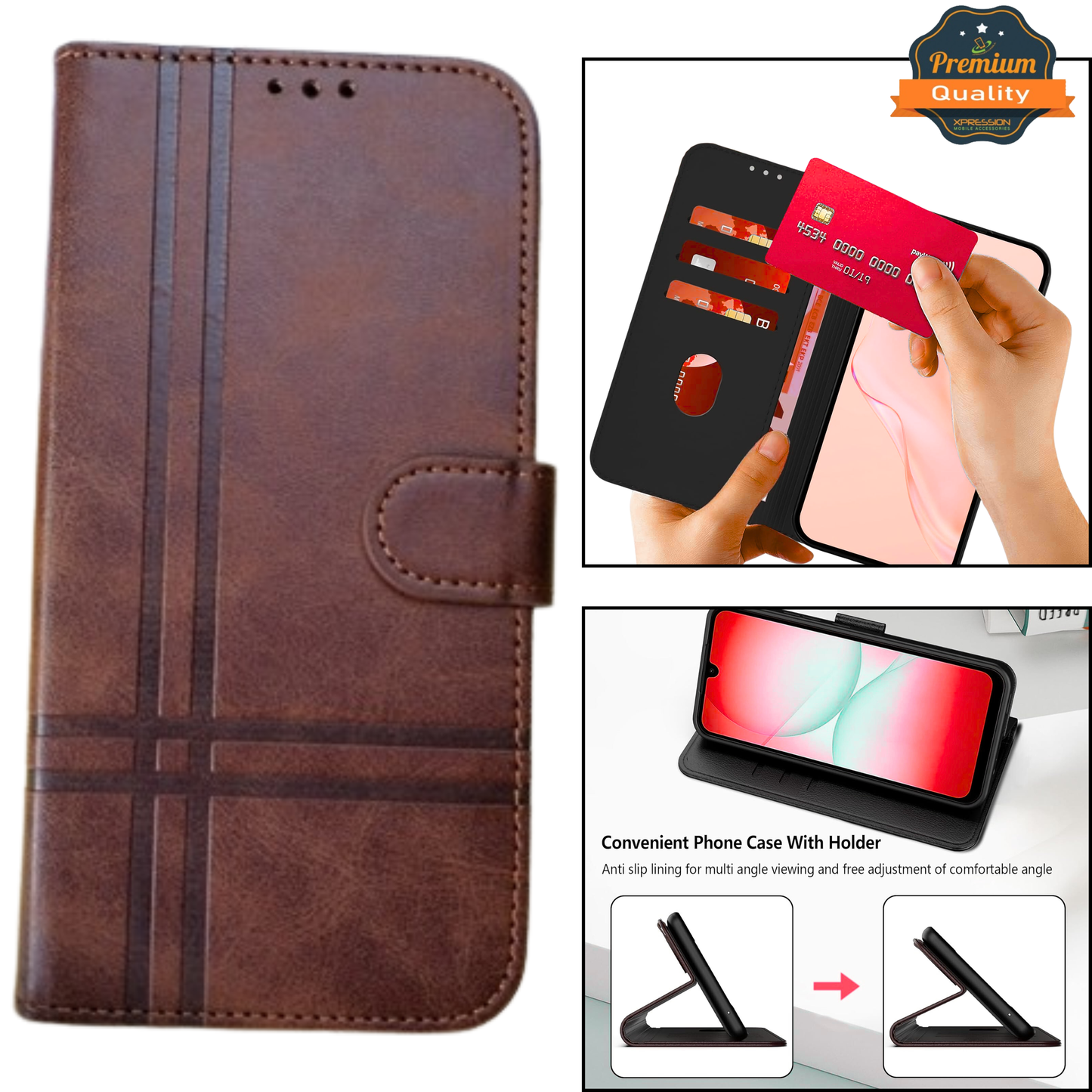 For Samsung Galaxy A17 5G Vegan Lines Leather Wallet Case with Credit Card Slot Pouch Flip, Magnetic Closure folio design Case Cover