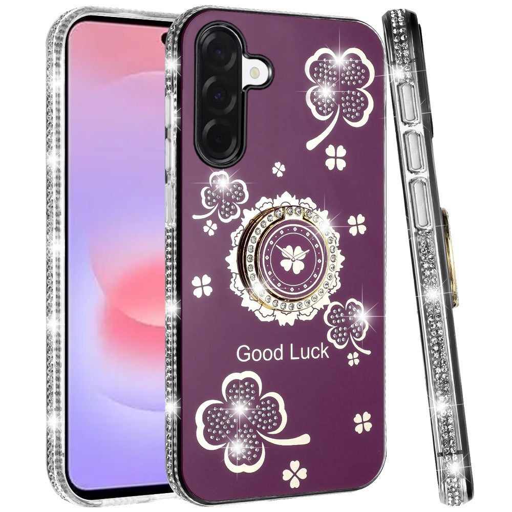 Phone Case for Samsung Galaxy A37 Glitter Diamond Ring Stand Sparkle Rhinestone Edge AntiSlip Kickstand Luxury Fashion Bumper Shockproof Cover Purple