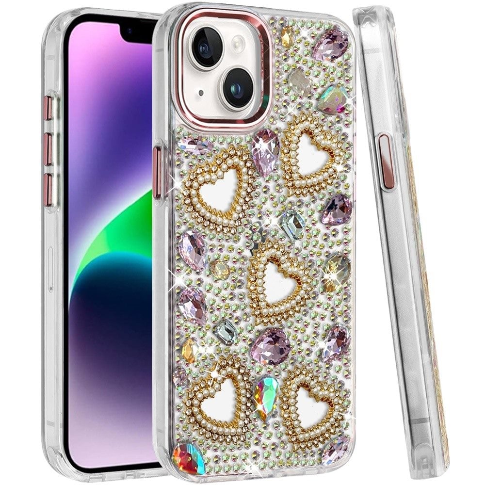 Phone Case for Apple iPhone 14 Luxury Crystal Heart Rhinestone Diamond Bling Shockproof Hybrid Glitter Protective Stylish Durable Grip Cover