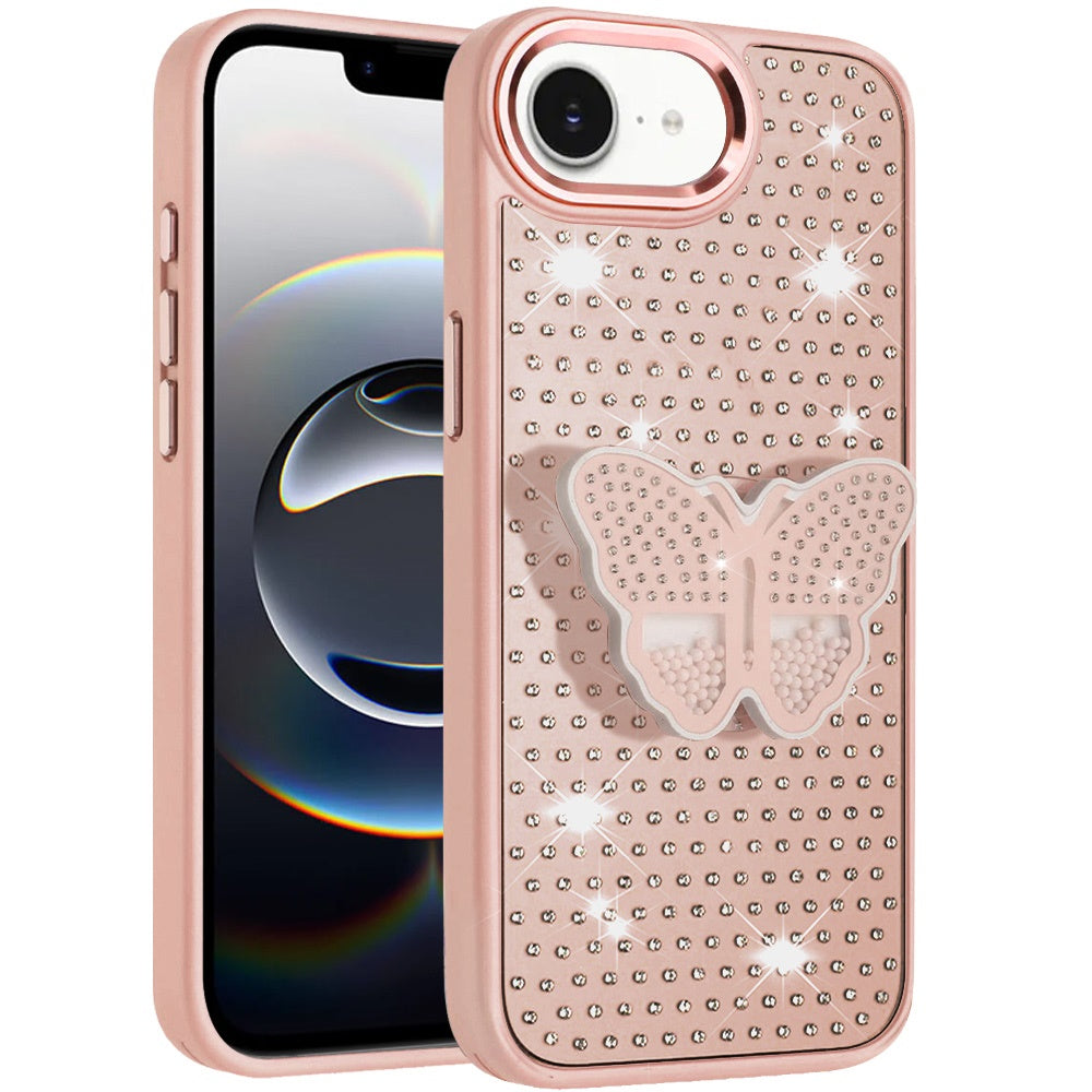 For Apple iPhone 17E /16E Butterfly Moveable Grip 3D Pop Stand Full Diamond Bling Sparkling TPU Fashion Hybrid Case Cover