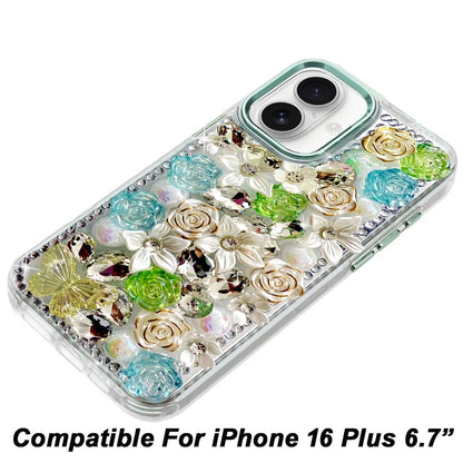 Phone Case for Apple iPhone 16 Plus Luxury Rose Bling Rhinestone Glitter Floral Hybrid Shockproof Stylish Protective Designer Ornament Sparkle Cover