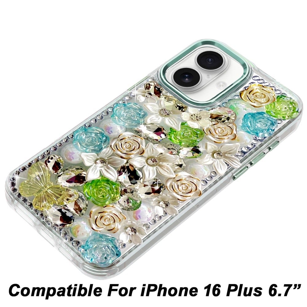Phone Case for Apple iPhone 16 Plus Luxury Rose Bling Rhinestone Glitter Floral Hybrid Shockproof Stylish Protective Designer Ornament Sparkle Cover