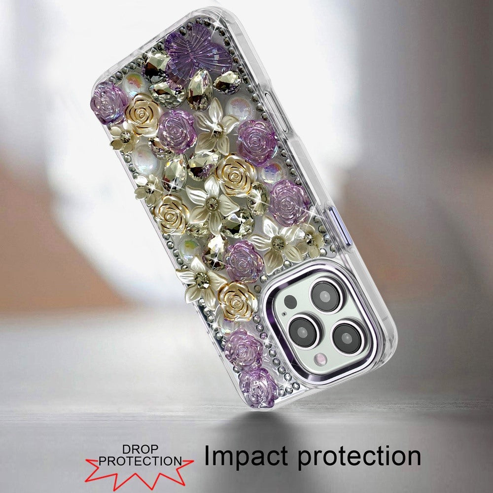 Phone Case for Apple iPhone 16 Pro Luxury Rose Bling Rhinestone Glitter Floral Hybrid Shockproof Stylish Protective Designer Ornament Sparkle Cover Purple