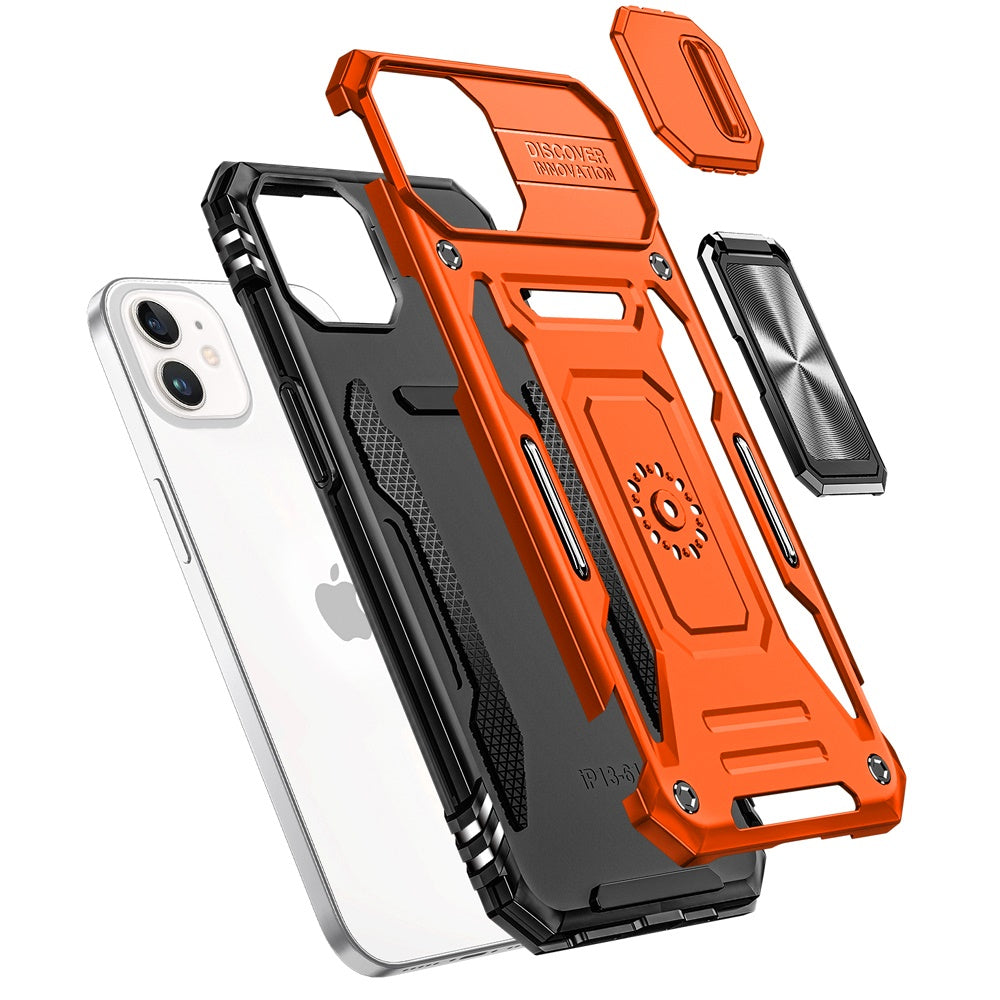 For Apple iPhone 11 Tough Hybrid Case with Movable Camera Window & Metal Ring Stand Shockproof Case Cover Cosmic Orange